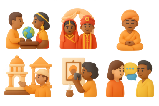 Diverse 3d cultural representations and people interacting in various contexts