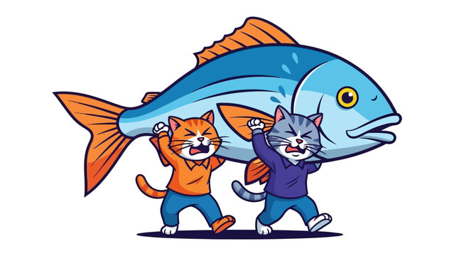 Cats Carrying Fish: Two determined cats struggle to carry an oversized fish. Their humorous expressions and collaborative effort create a whimsical and captivating scene.