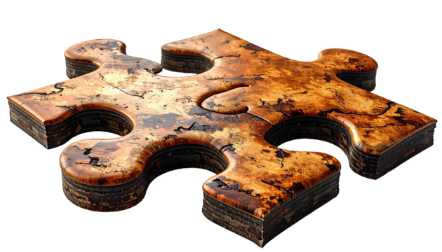 3D puzzle piece, aged wood texture