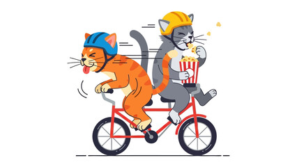 Naklejka premium Adventure of Cats: A whimsical illustration of two cats enjoying a bicycle ride, one pedaling with enthusiasm, the other munching on popcorn, helmet on head.