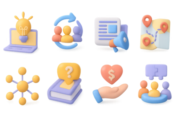 3d gradient business icons featuring technology, marketing, and communication elements