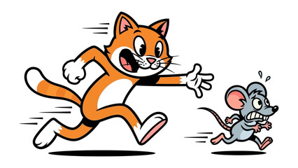 Chase and Escape: A dynamic illustration captures the timeless game of chase, a ginger cat joyfully pursuing a small, frightened mouse across a field of imagination. 