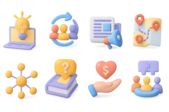 3d gradient business icons featuring technology, marketing, and communication elements