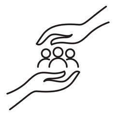 Two hands protecting people linear icon for community care and human rights