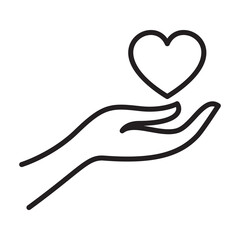 Hand holding heart line icon for care and love symbol