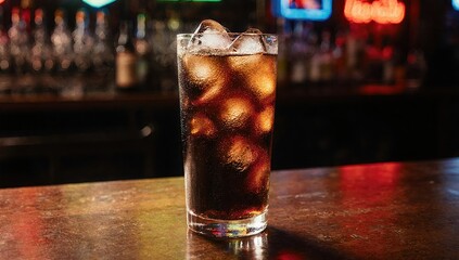 Tall glass of cola with ice on wooden bar table, neon lights reflecting and shining through transparent glass, moody bar atmosphere