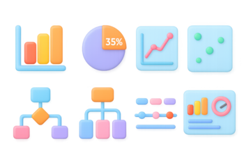 Vibrant 3d neon data visualization icons with charts and diagrams