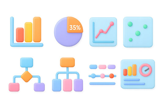 Vibrant 3d neon data visualization icons with charts and diagrams