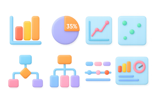 Vibrant 3d neon data visualization icons with charts and diagrams - Powered by Adobe