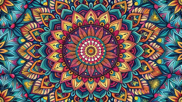 A vibrant and colorful mandala pattern with intricate floral and geometric design