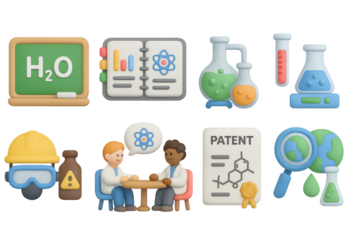 Educational science icons with chemistry and biology elements in 3d design