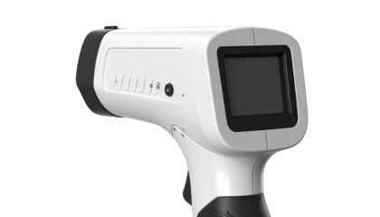 Digital thermometer, white body, black accents, display