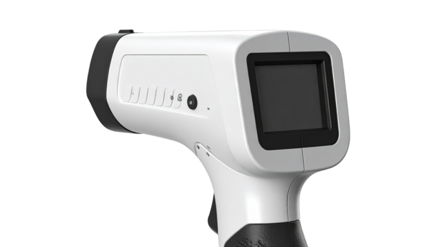 Digital thermometer, white body, black accents, display