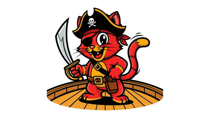 Pirate Cat on Deck: A spirited, animated pirate cat, adorned with an eye patch, sword, and captain's hat, stands proudly on the deck. Ready to embark on an adventure.