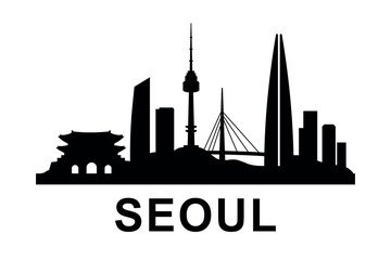 Seoul skyline silhouette with Namsan Tower and traditional Korean gate