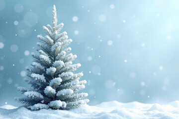 A small snow-covered evergreen tree stands in a snowy field against a blue background with bokeh lights, evoking a serene Christmas atmosphere.