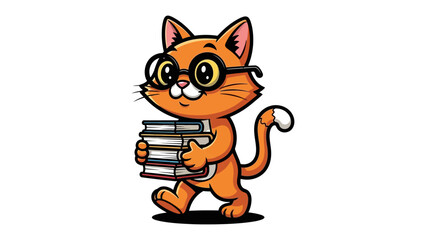 Clever Cat with Books: An adorable, cartoonish cat wearing spectacles carries a stack of books, embodying intelligence and a love for learning.