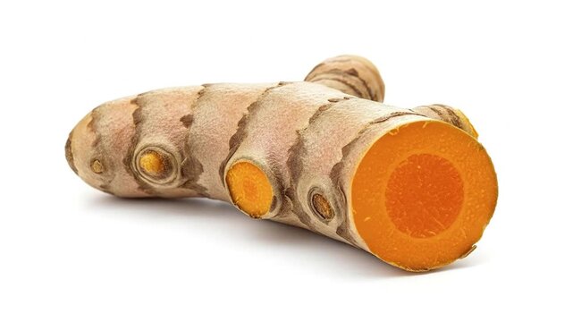 Closeup turmeric root on a white surface revealing orange interior with textured banded skin