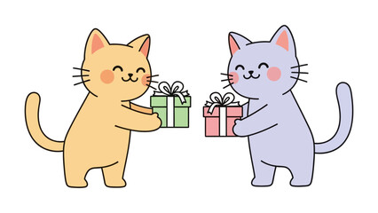 Friendly Feline Gifts: Two cute cartoon cats exchange gifts, each holding a brightly wrapped present with a bow, portraying friendship and generosity with a touch of playful charm.