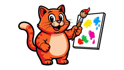 Artistic Cat: A cheerful orange cat, proudly holding a paintbrush and standing beside a colorful palette on a canvas, the embodiment of creative and artistic expression.