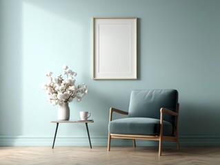 Serene Interior Design: A minimalist living space, showcasing a blank picture frame above a chic armchair, side table with floral arrangement, and a mug.
