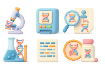 3d genetic science icons set with microscopes and dna symbols in pastel colors