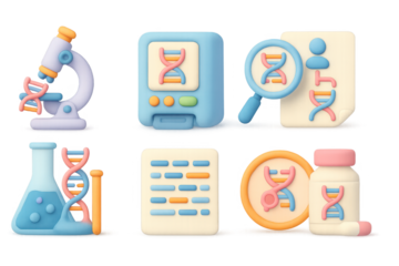 3d genetic science icons set with microscopes and dna symbols in pastel colors