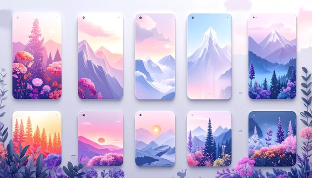 Collection of phone wallpapers featuring stylized landscapes
