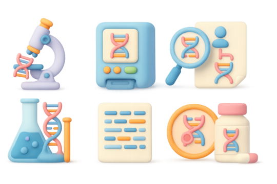 3d genetic science icons set with microscopes and dna symbols in pastel colors