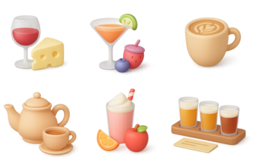 Trendy 3d beverages and snacks: coffee, cocktails, dessert, and cheese set