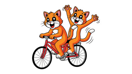 Bicycle Buddies: Cheerful cartoon cats, an adorable duo, joyfully cruise on a vibrant bicycle, epitomizing friendship and playful fun. 
