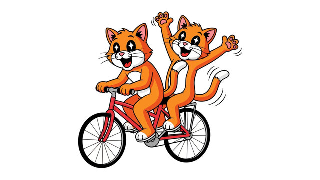 Bicycle Buddies: Cheerful cartoon cats, an adorable duo, joyfully cruise on a vibrant bicycle, epitomizing friendship and playful fun. 