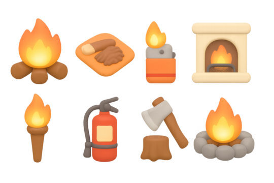Cozy essentials for fireside moments: icons of campfire, fireplace, and safety gear