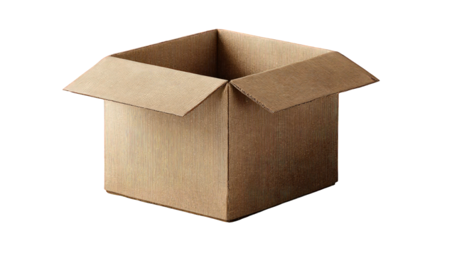 Open Cardboard Box with Grunge Texture on Transparent Background