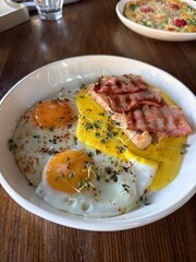 Fried eggs with toast and bacon served on plate