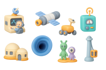 Cute clay style space icons: satellite, alien, robot, telescope, spacecraft, black hole