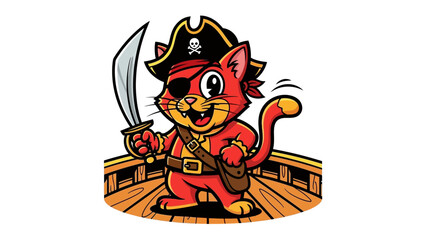 Adventure Cat: A brave cartoon cat, sporting a pirate hat and eye patch, gripping a shiny sword, embarks on a nautical journey full of exciting adventure