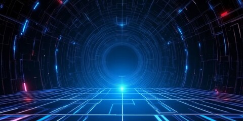 Fototapeta premium Futuristic Neon Tunnel with Illuminated Grid Floor and Dynamic Light Effects for Sci-Fi Visuals