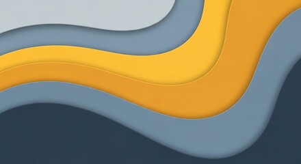 Abstract Wavy Layers of Yellow, Gray, and Dark Blue Paper Cutouts Keywords: abstract, background, design