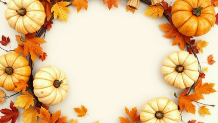 Thanksgiving autumn wreath background with pumpkins, leaves, and golden harvest tones. Generative AI.