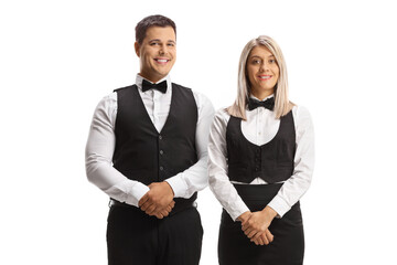 Waiter and waitress posing and smiling