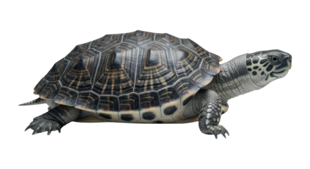 Detailed side-view of a turtle with patterned shell