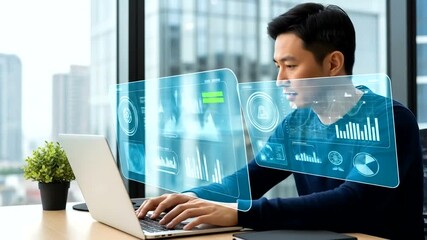 Young asian businessman analyzes data on futuristic holographic interface with laptop, leveraging - Powered by Adobe