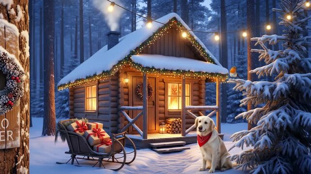Winter festive cabin with dog and sleigh in snowy forest setting with glowing string lights footage