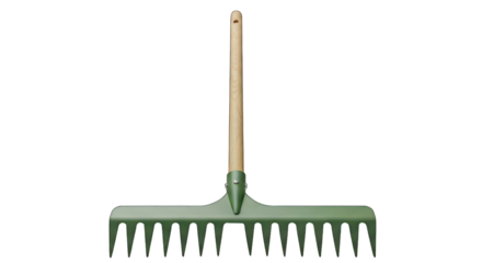Green rake with wooden handle on black backdrop