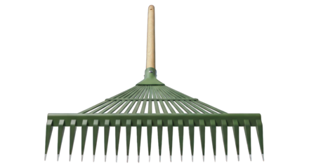 Green plastic rake with wooden handle, front view