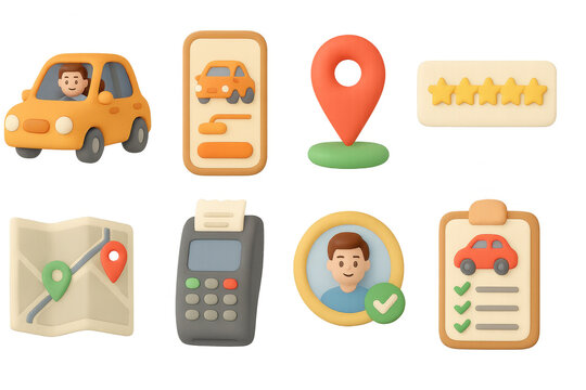 3d rideshare and navigation icons with cute clay style for apps