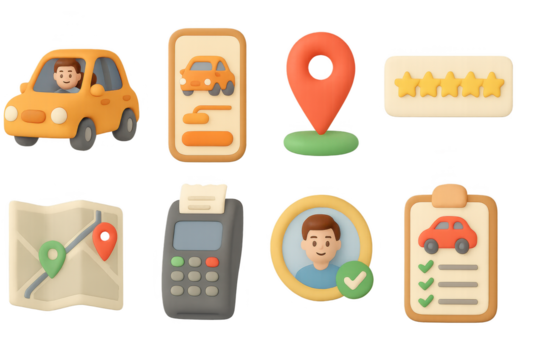 3d rideshare and navigation icons with cute clay style for apps