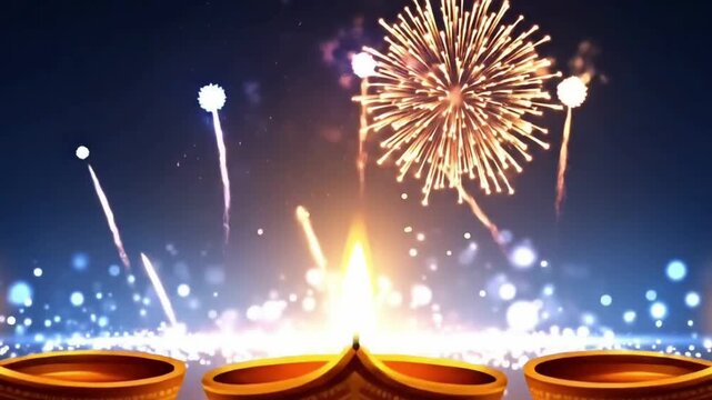 Happy Diwali celebration with bright lit diyas and sparkling fireworks in the night sky symbolizing the festival of lights and victory of good over evil