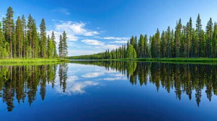 Fototapeta premium Hidden forest lake surrounded by tall pine tree, blue sky, calm water, summer, reflection, nature, tranquil